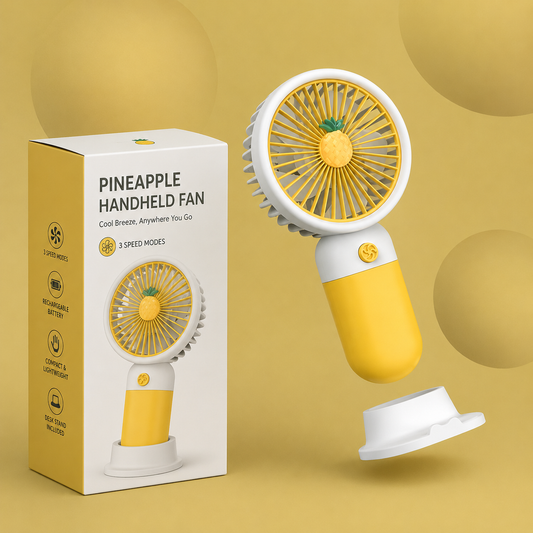 Portable Rechargeable Mini Fan with stylish pineapple design. Compact, lightweight, and powerful cooling for everyday comfort.