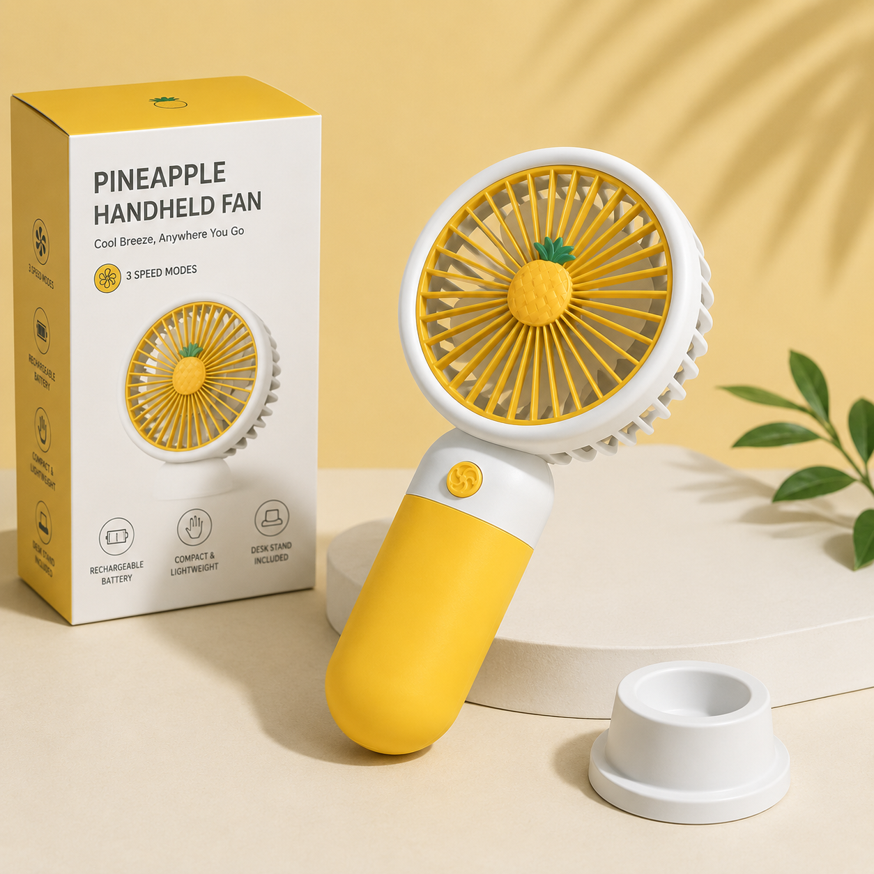 Portable Rechargeable Mini Fan with stylish pineapple design. Compact, lightweight, and powerful cooling for everyday comfort.