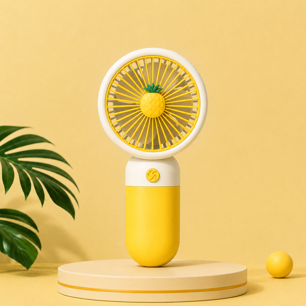 Portable Rechargeable Mini Fan with stylish pineapple design. Compact, lightweight, and powerful cooling for everyday comfort.