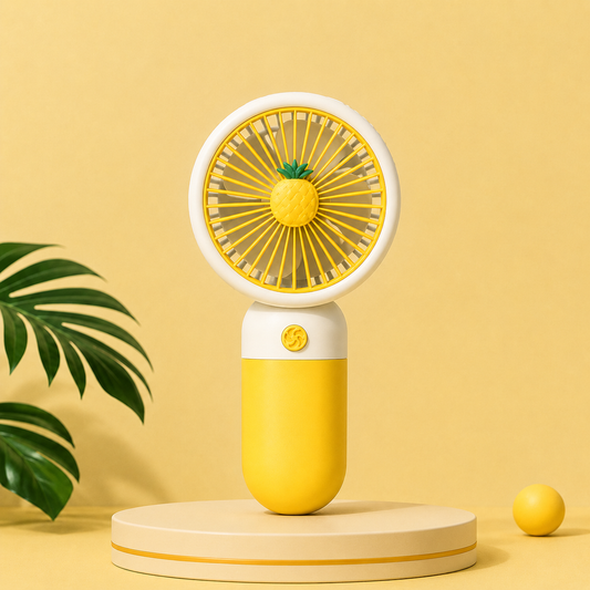 Portable Rechargeable Mini Fan with stylish pineapple design. Compact, lightweight, and powerful cooling for everyday comfort.